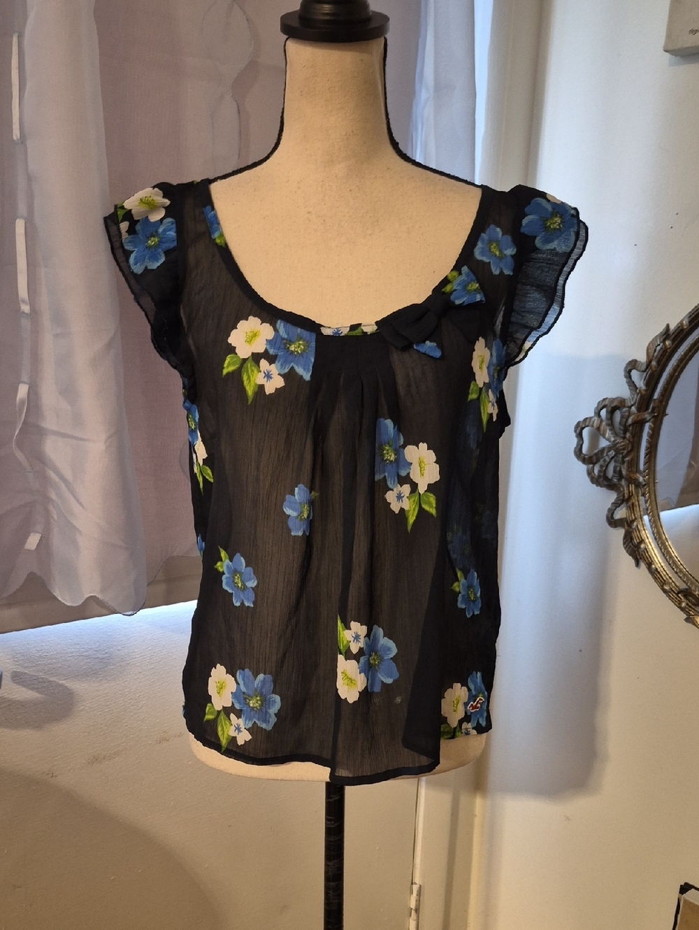 Hollister Black Sheer Multi Color  Floral Double Cap-Sleeve Blouse w/Bow